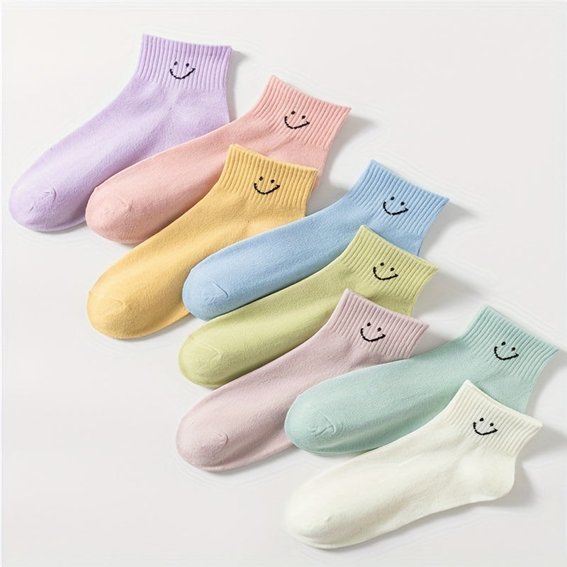 8 Pairs Smiling Face Print Socks Comfy Crew Short Socks Women's Stockings
