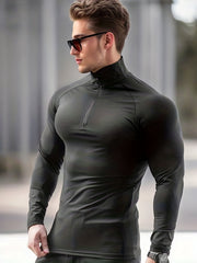 Men's Quick Dry Slim Fit Shirt Active Mid Stretch Lapel Zip Long Sleeve