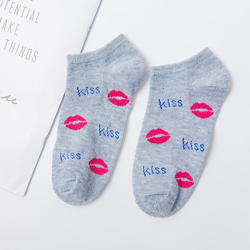 5 Pairs Red Lip Pattern Low Cut Ankle Socks Women's Stockings