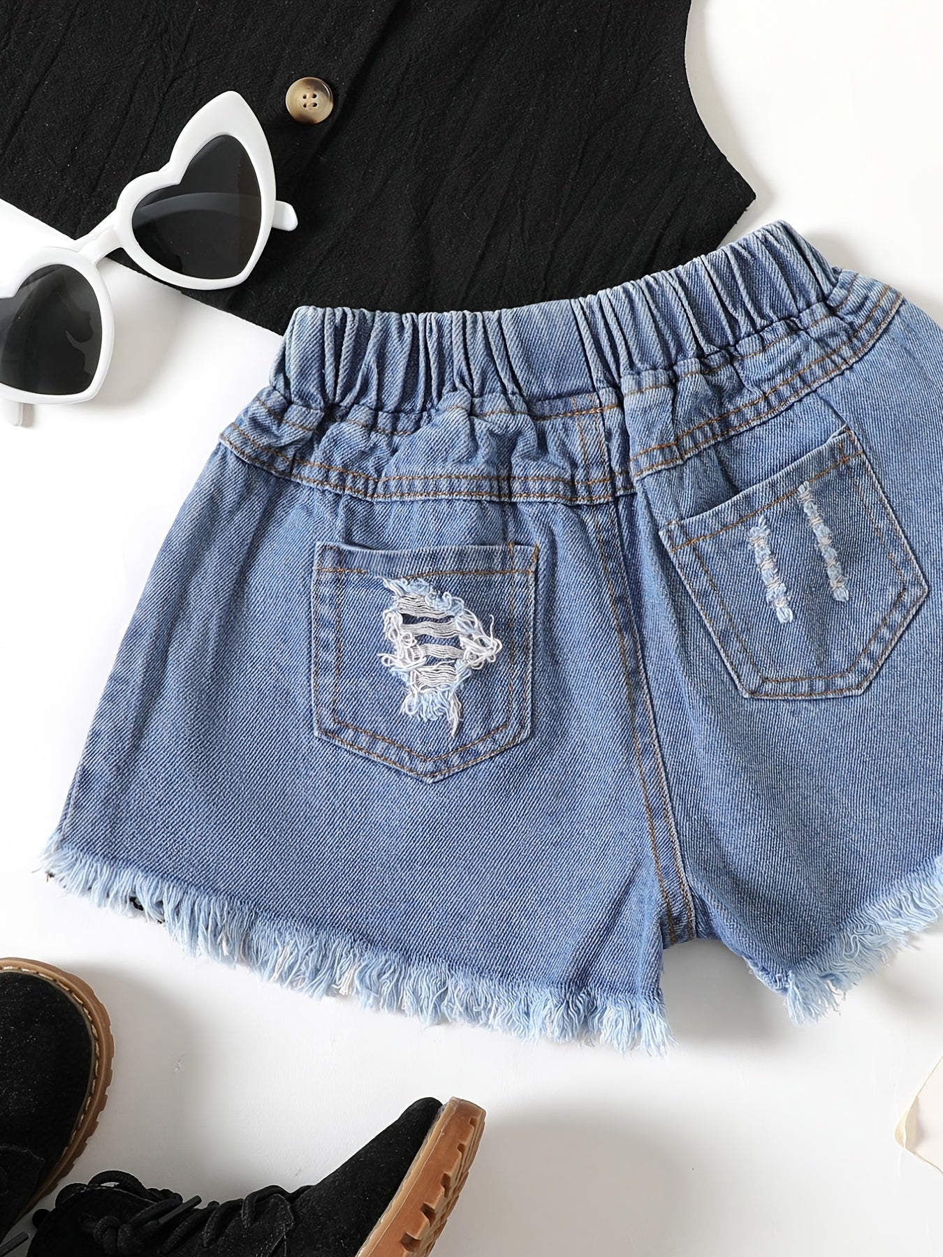 Girls Mesh Patchwork Denim Shorts Set Kids Summer Clothes