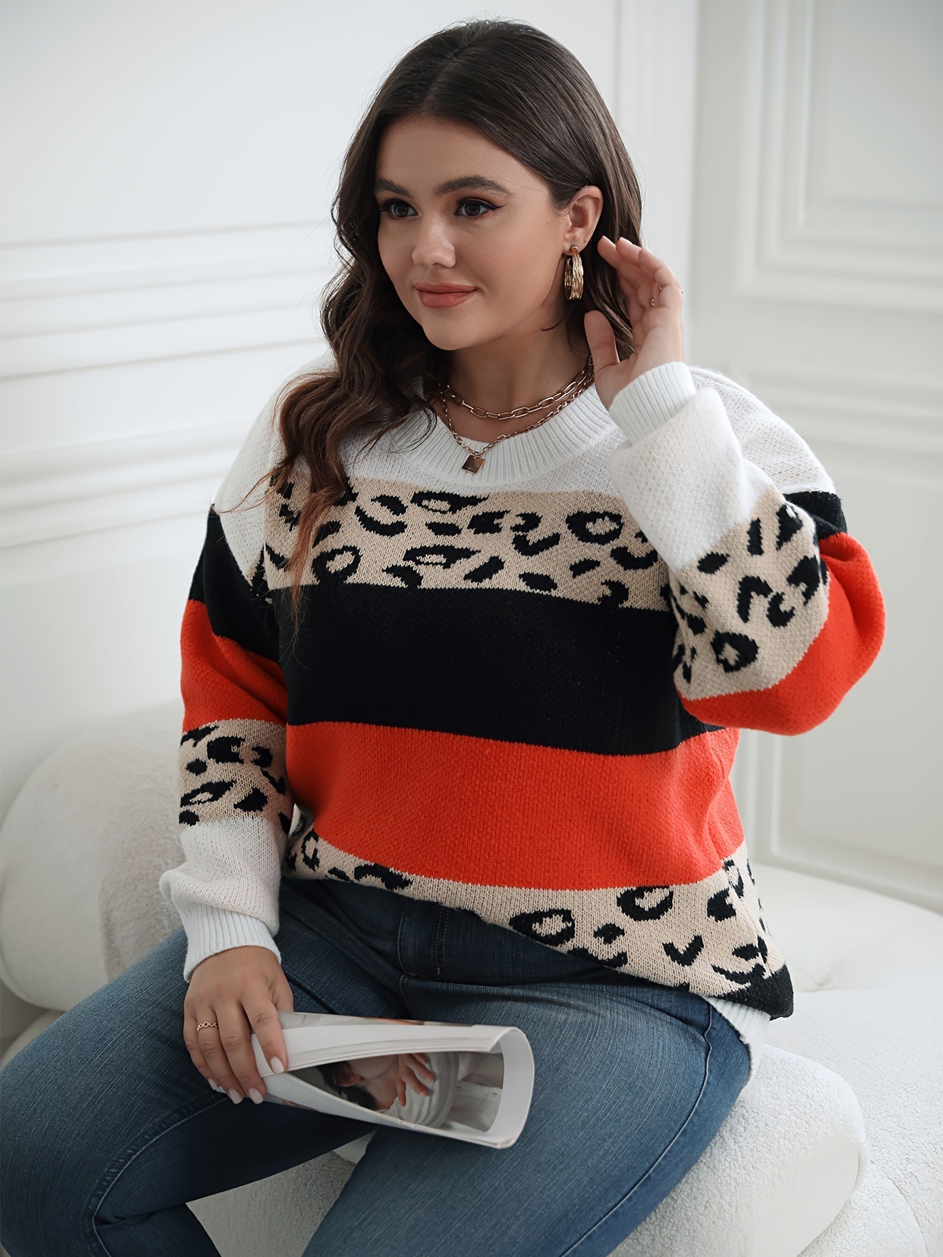 Colorblock Leopard Print Round Neck Jumper