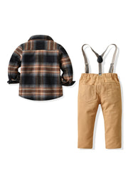 Baby Boys Gentleman Outfit Plaid Shirt & Suspender Pants Set