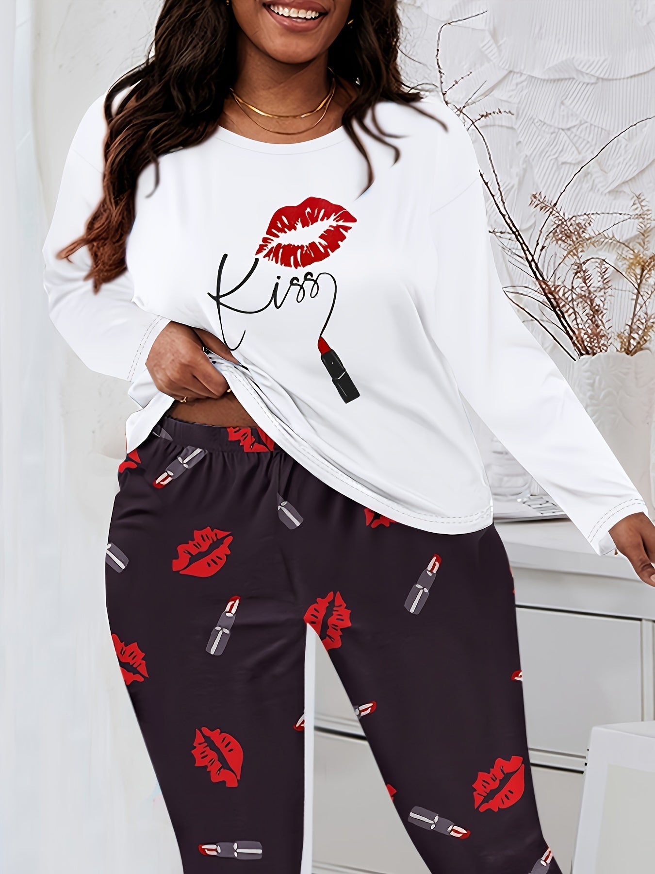 Women's Plus Leopard Kiss & Letter Print Pajamas Set