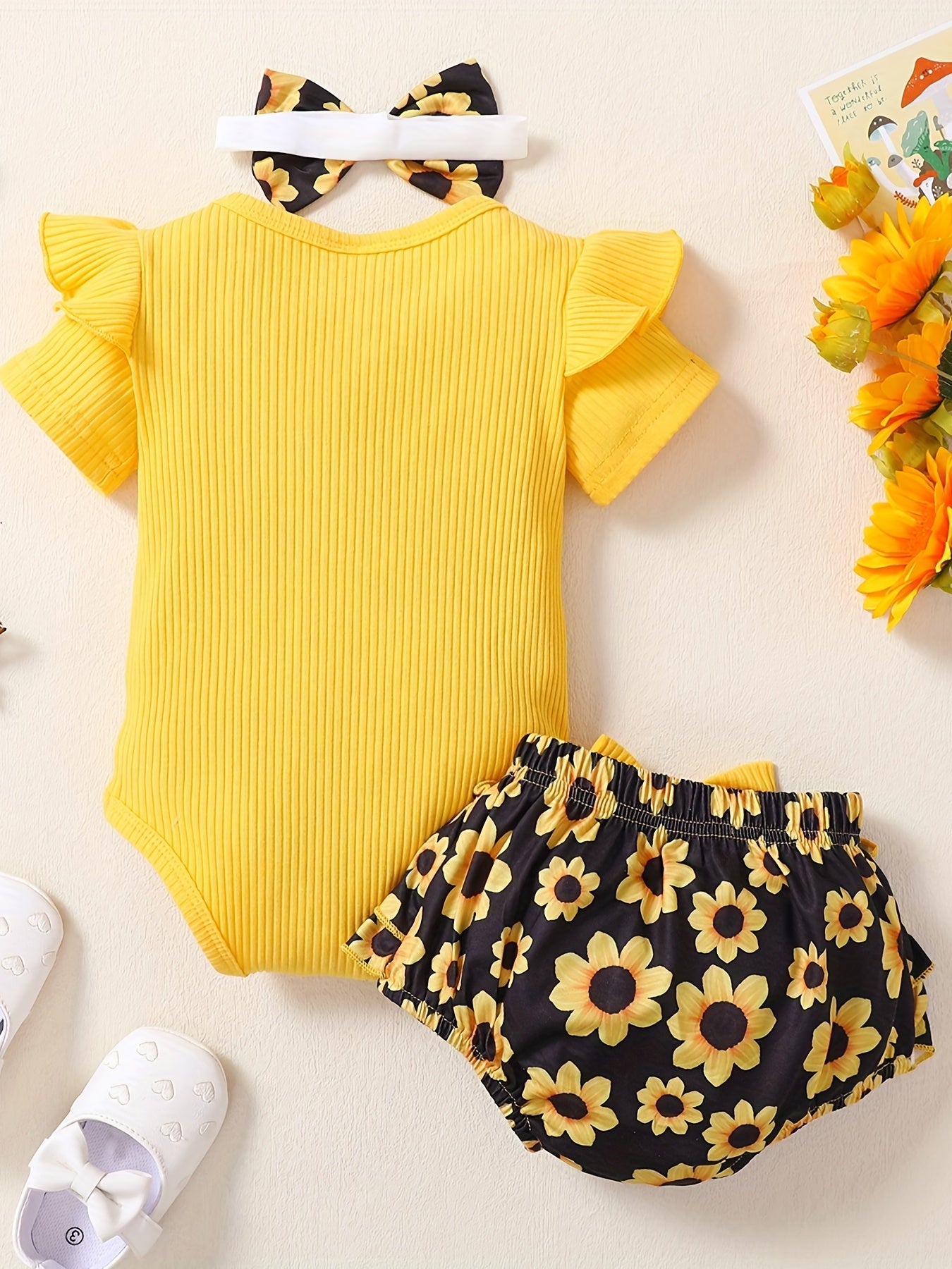 Baby Girls Ribbed Fly Sleeve Onesie & Shorts Set with Bow Headband