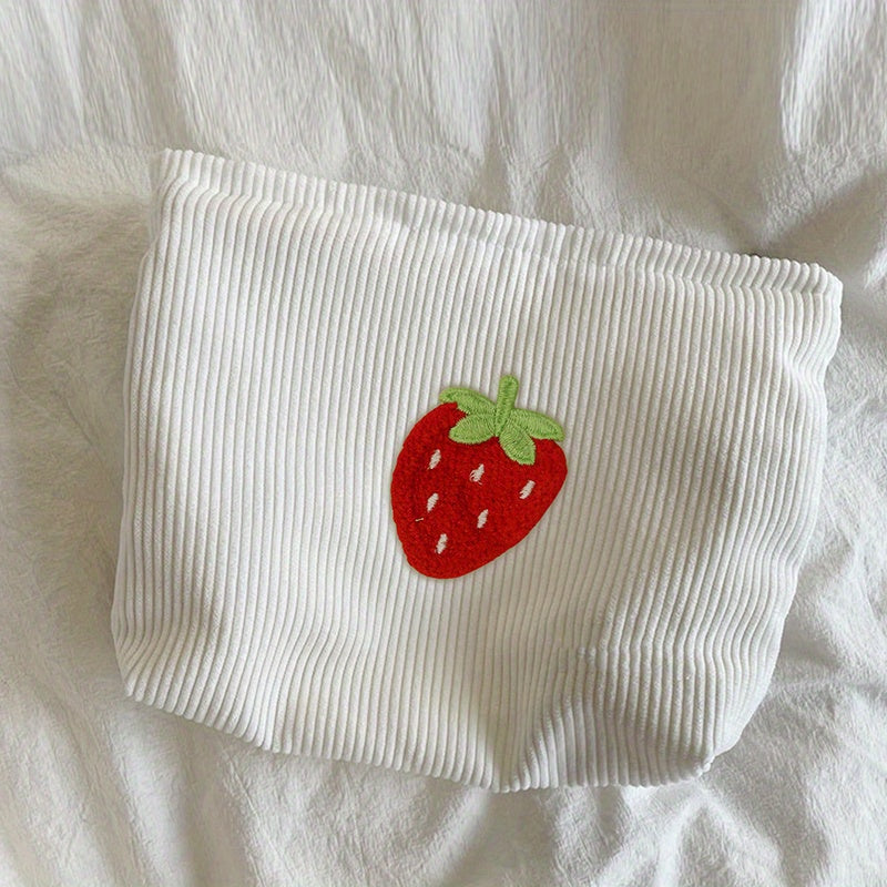 Large Capacity Strawberry Pattern Corduroy Cosmetic Bag