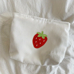 Large Capacity Strawberry Pattern Corduroy Cosmetic Bag