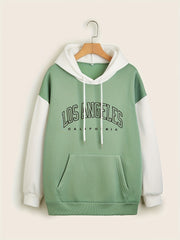 Print Block Drawstring Hoodie Women's Clothing