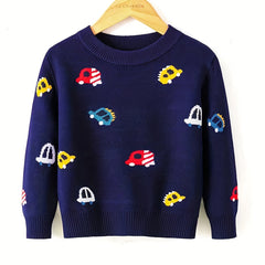 Kids Knit Sweater Cartoon Cars Graphic Print Pullover Sweater Tops