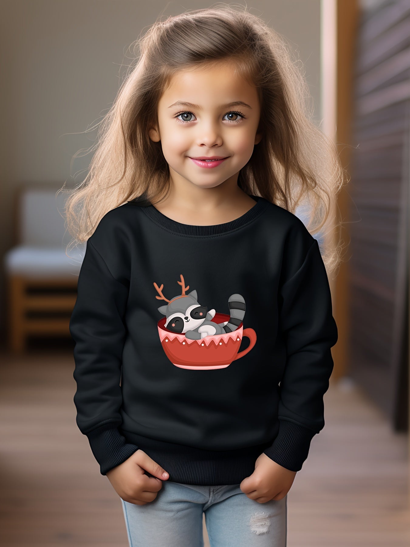 Raccoon Print Sweatshirt Kids Graphic Crew Neck Pullover Sweatshirt