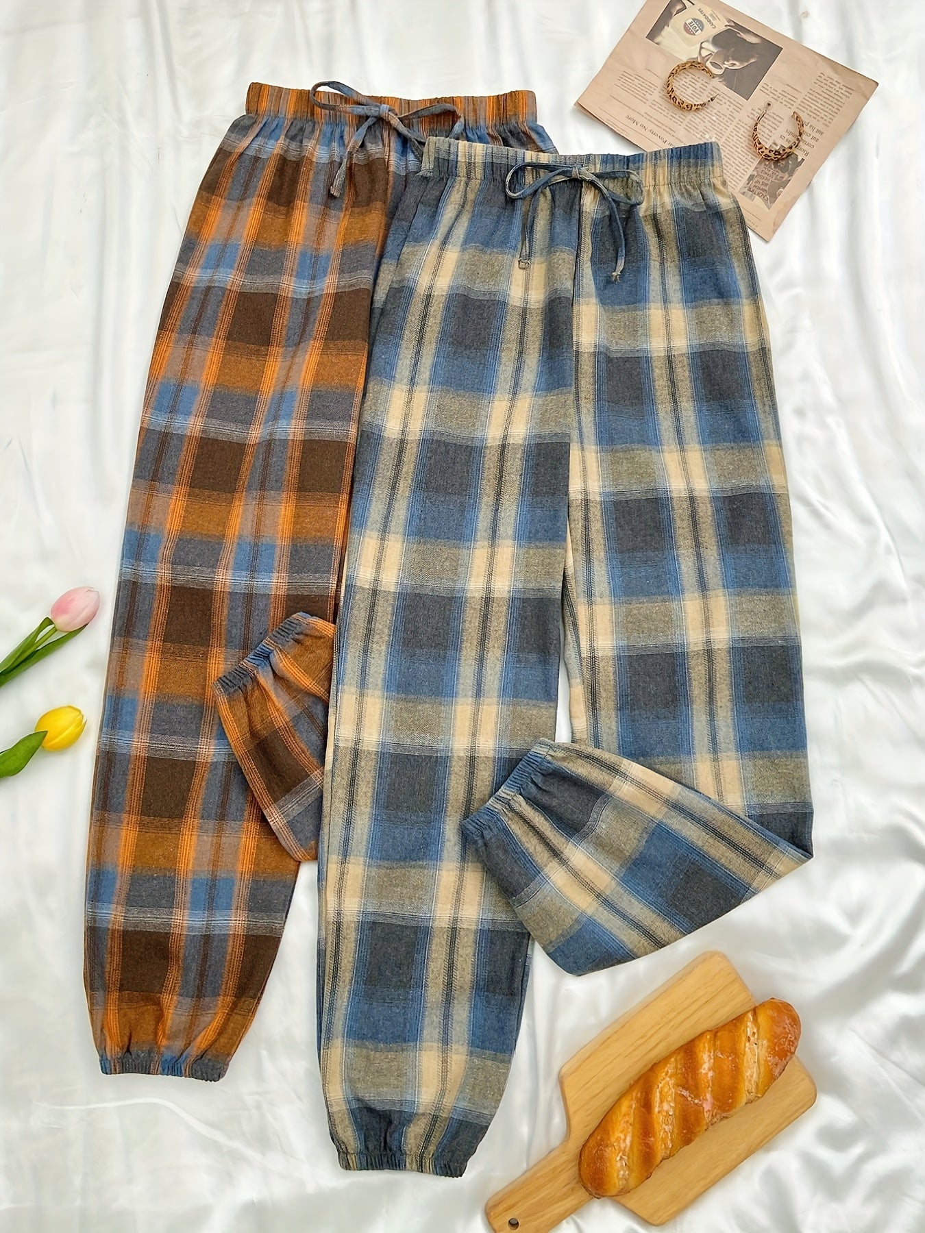 2pcs Plaid Sleep Bottoms Elastic Waistband Pants Women's Sleepwear