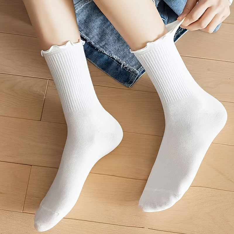 3 Pairs Frilled Mid Tube Socks Solid Color Breathable Sweat Absorbent Crew Socks