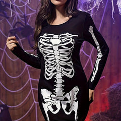 Skeleton Print Halloween Dress Crew Neck Long Sleeve Dress Women's Clothing