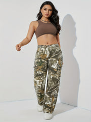 Retro Jeans Women's Plus Leaf Print Cargo Denim Pants