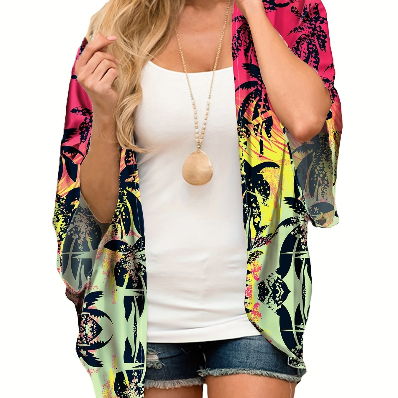 V Neck Print Cover Up Shirt Loose Fit Kimono