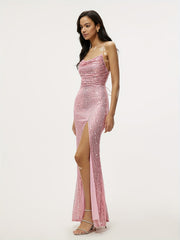 Glitter Sequined Split Cami Bridesmaid Dress Backless Dress For Wedding Party