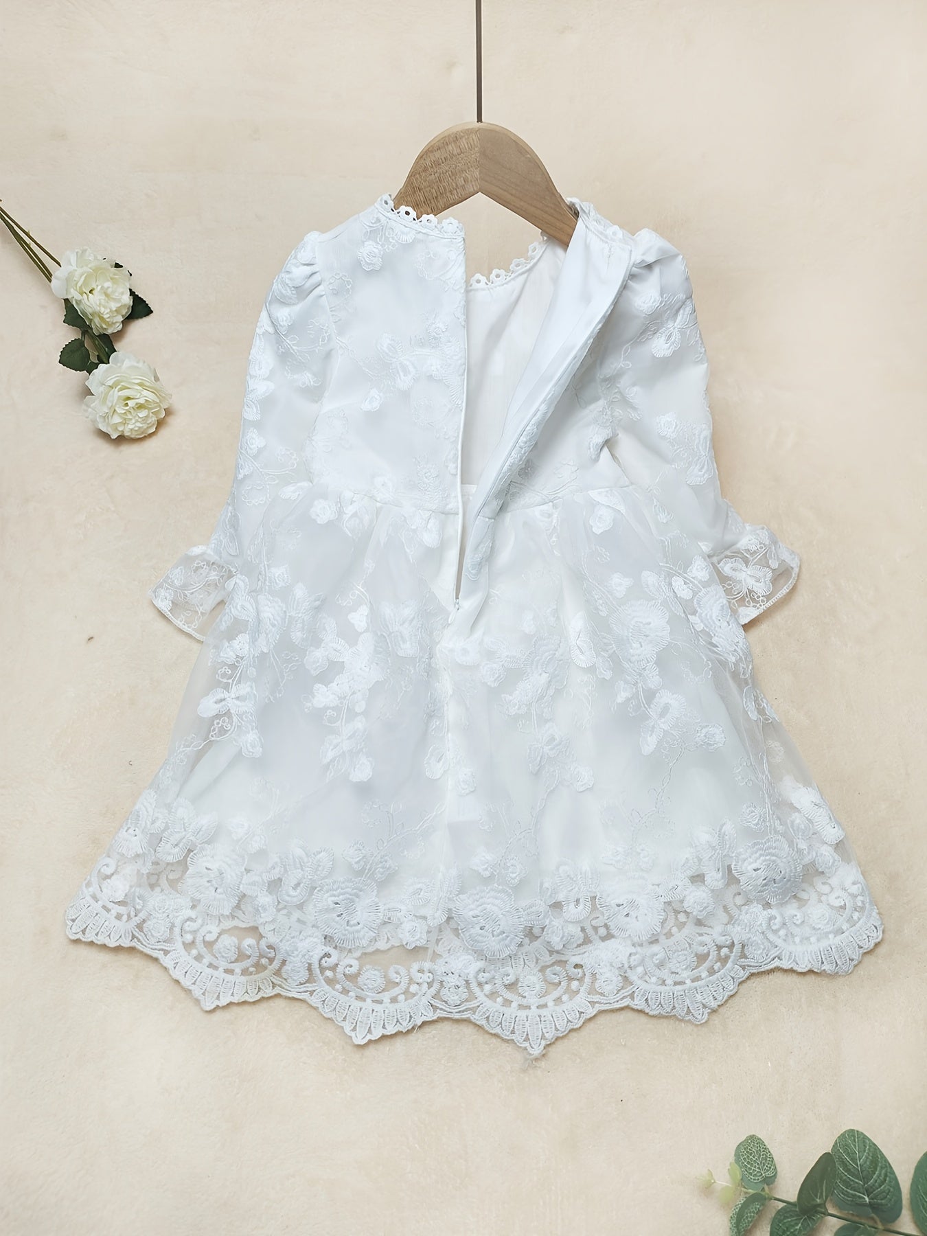 Girls Flower Embroidery Lace Princess Dress Long Sleeve Kids Clothes