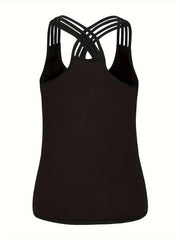 Casual Tank Top Plain Round Neck Split Strap Back Cross Tank