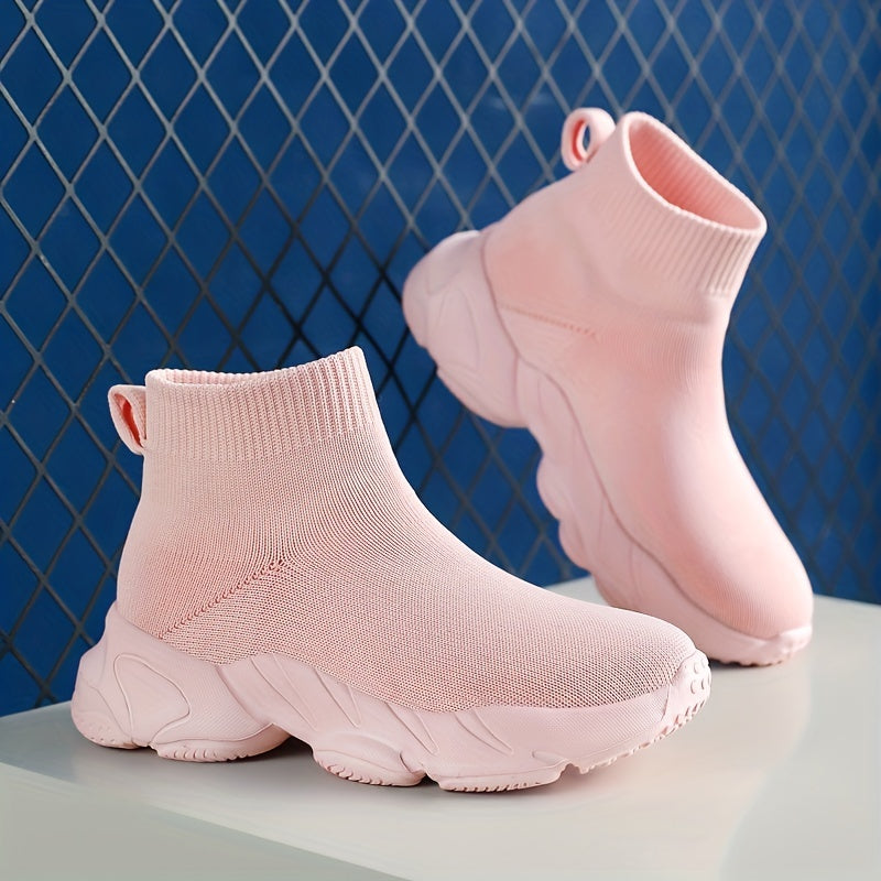 Girls High Top Slip On Knit Sneakers Kids Non slip Casual Sock Shoes