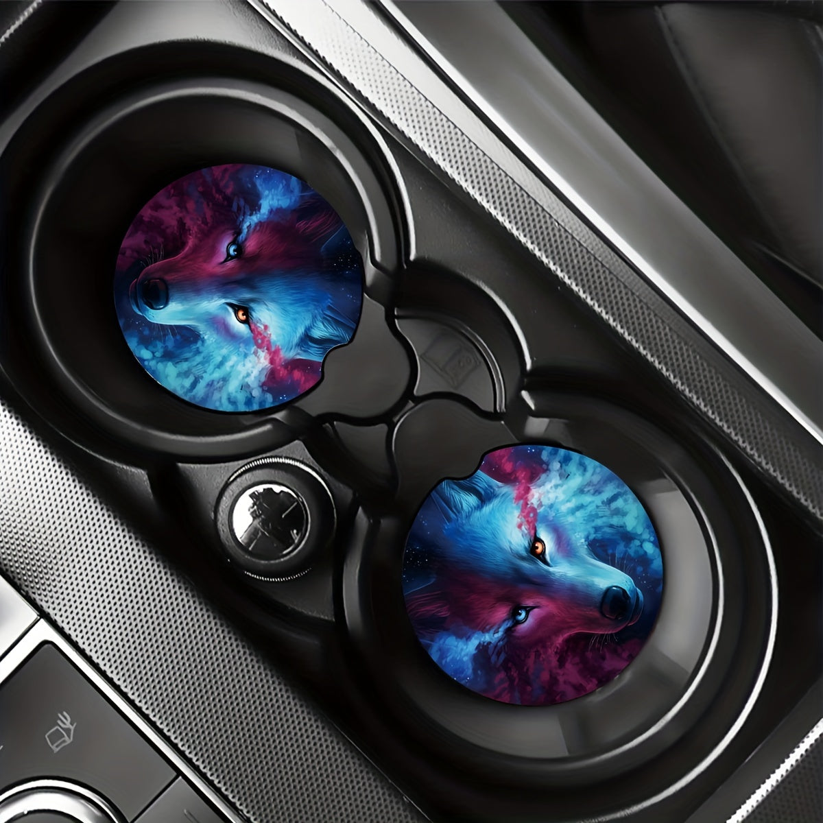 2pcs Wolf Print Car Coaster, Double Sided Design