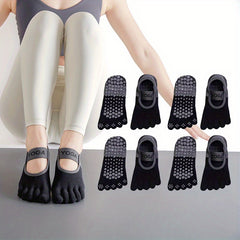 4 Pairs Non-Slip Yoga Five Toe Socks with Straps Soft Cotton Pilates Socks