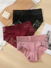 3 Pcs Lace Briefs Sexy Sheer Panties Women's Underwear