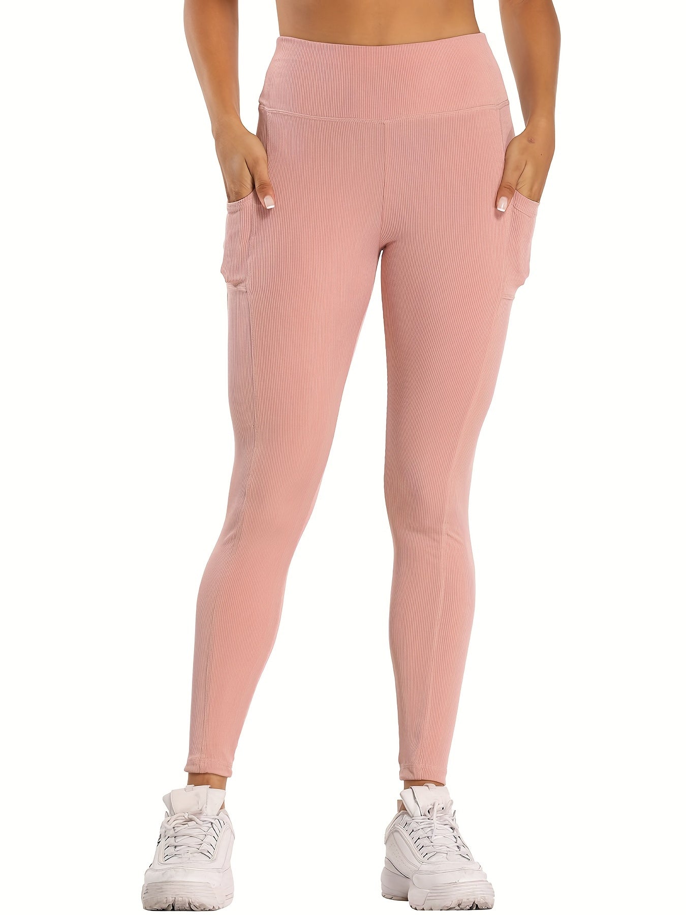 High Waist Yoga Leggings With Pocket Ribbed Knitting Crop Pants