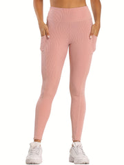High Waist Yoga Leggings With Pocket Ribbed Knitting Crop Pants