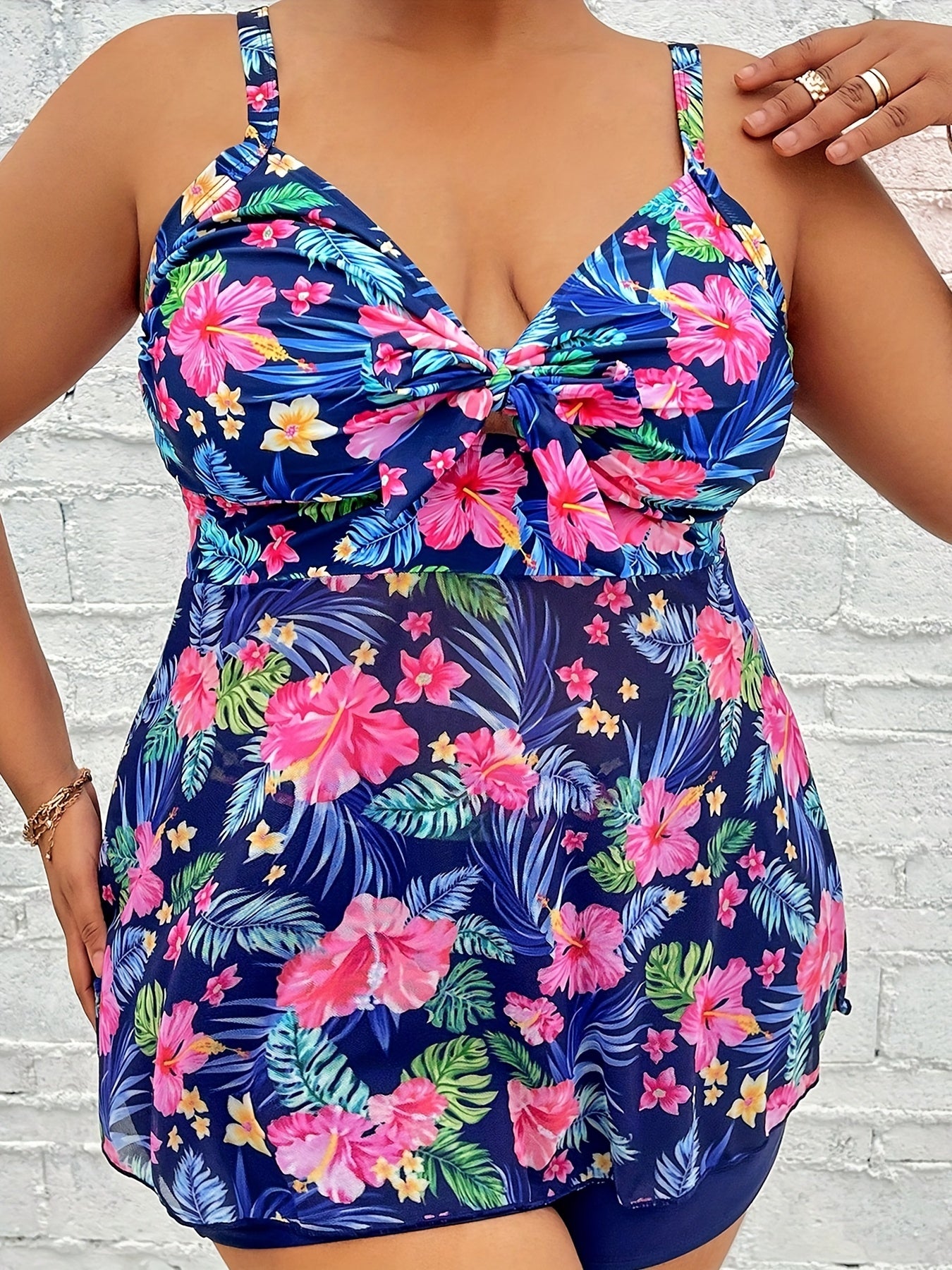 Vacay Tankini Set Floral Print Ruched Tie Front Top & Shorts Swimsuit