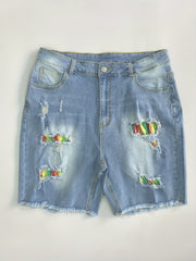 Women's Plus Size Fringe Trim Denim Shorts - Button Fly Ripped Stripe Print
