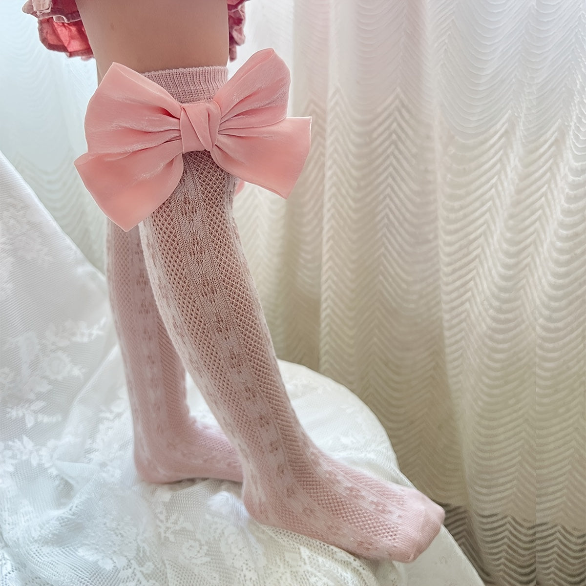 Girls Bowknot Knee High Fishnet Socks