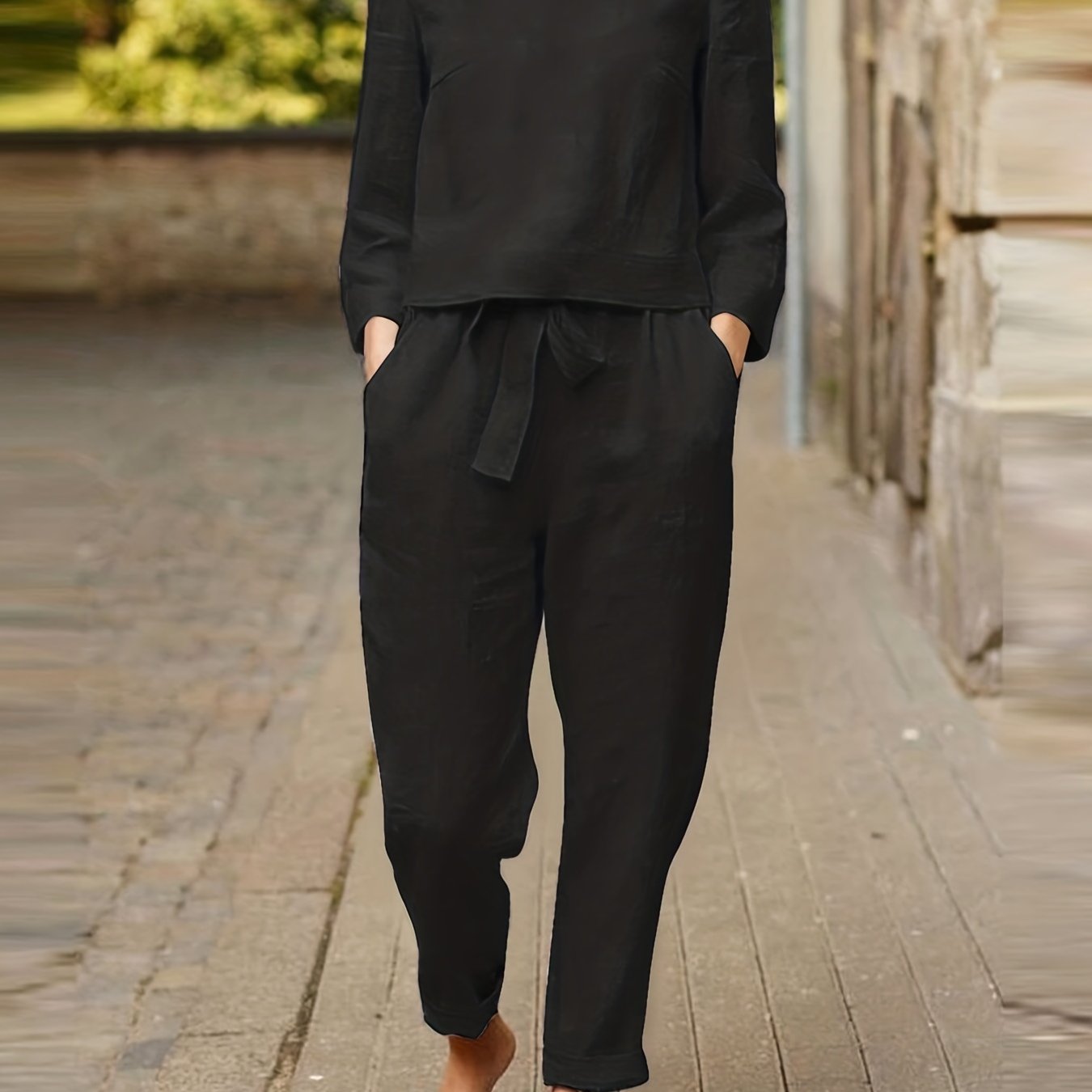 2-Piece Set: Solid Long Sleeve Top & Tapered Leg Pants