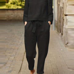 2-Piece Set: Solid Long Sleeve Top & Tapered Leg Pants