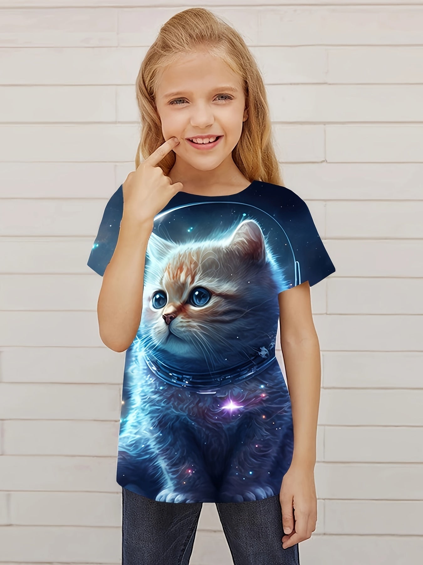 Astronaut Cat Graphic T shirt Girls Casual Short Sleeve Tees