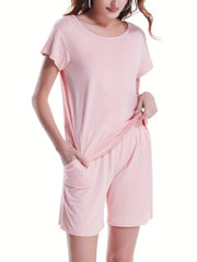 Solid Lounge Set Crew Neck Top & Lace Up Shorts Women's Loungewear
