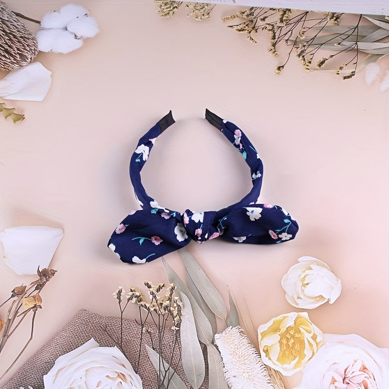 Navy Flower Printed Hair Pin Bow Hair Band Hair Accessories For Girls Women