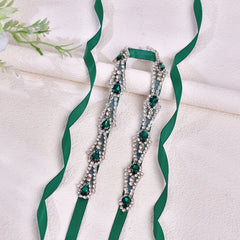 Green Satin Sash with Rhinestone Belt for Bridal Waist Accessory