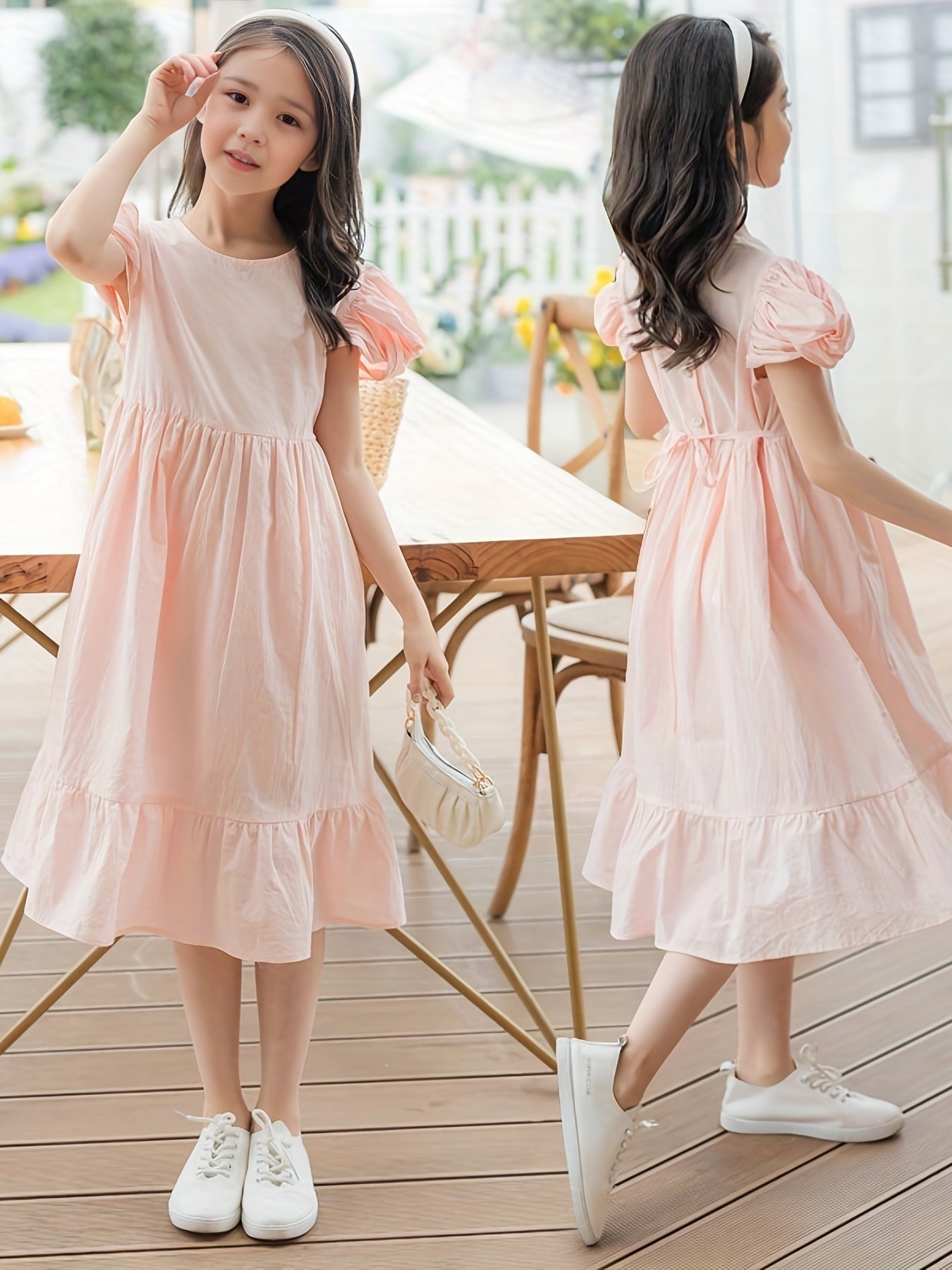 Girl's Summer Cotton Dress Crew Neck Puff Sleeves Bowtie Princess Dress
