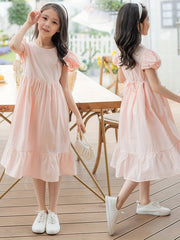 Girl's Summer Cotton Dress Crew Neck Puff Sleeves Bowtie Princess Dress