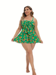 Sunflower Print Bow Knot Tankini Set Women's Two Piece Set