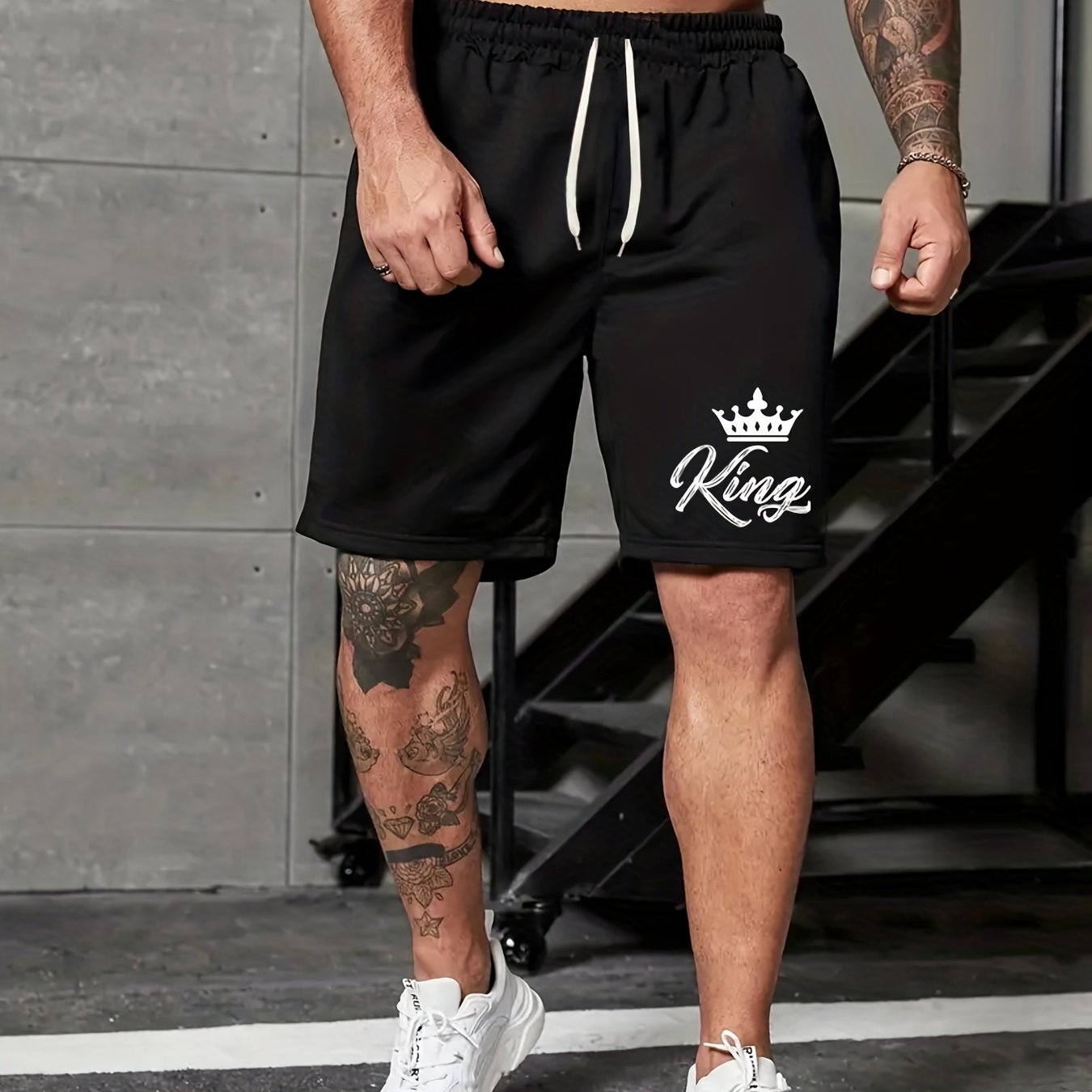 King & Crown Print Men's Shorts Summer Casual Elastic Waist Drawstring Shorts