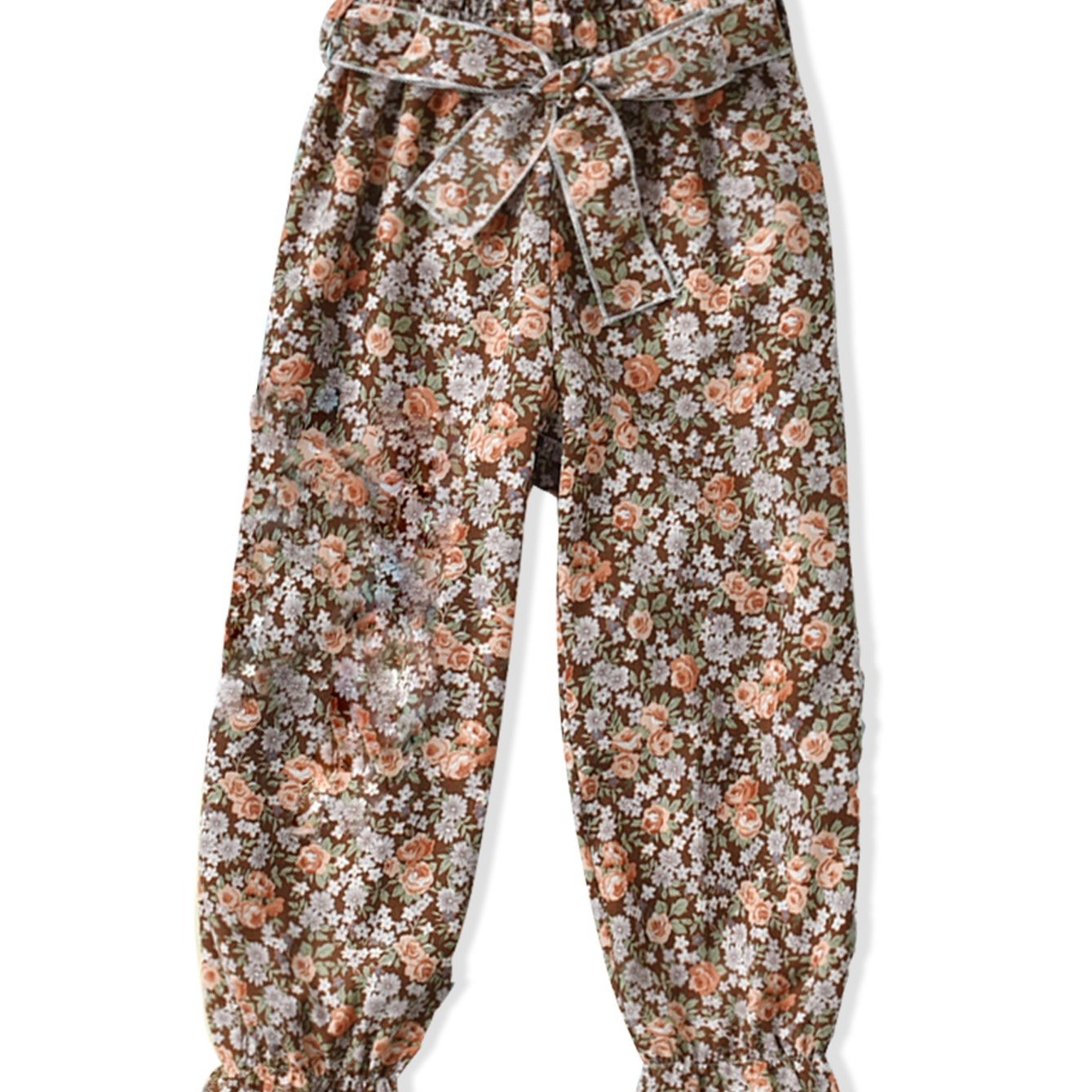 Girls Floral Trousers Elastic Waist Belted Frill Trim Pants