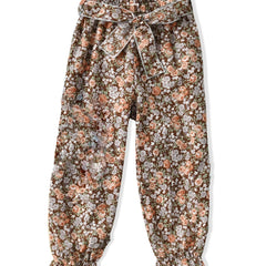 Girls Floral Trousers Elastic Waist Belted Frill Trim Pants