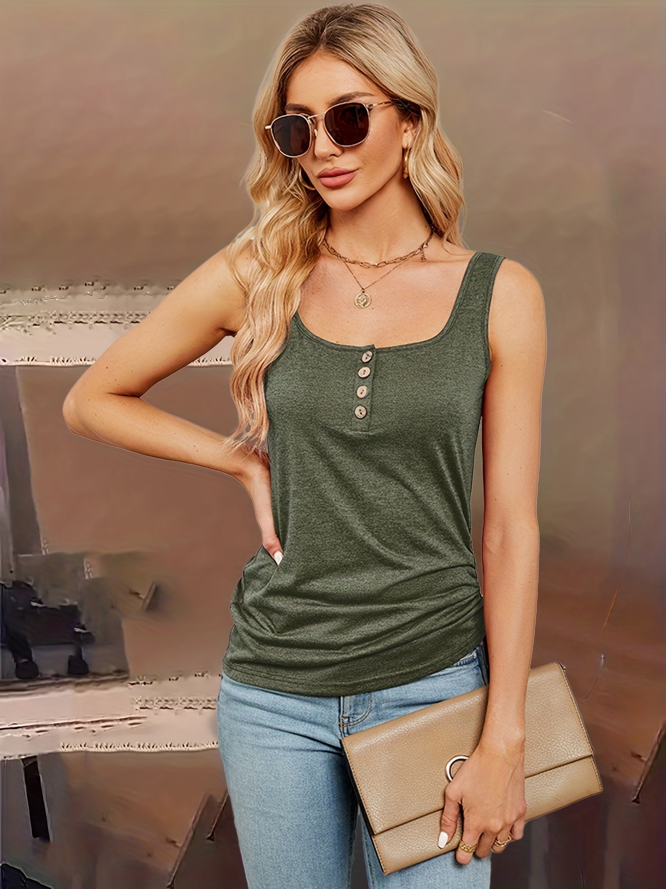 Solid Drawstring Tank Top Button Front
