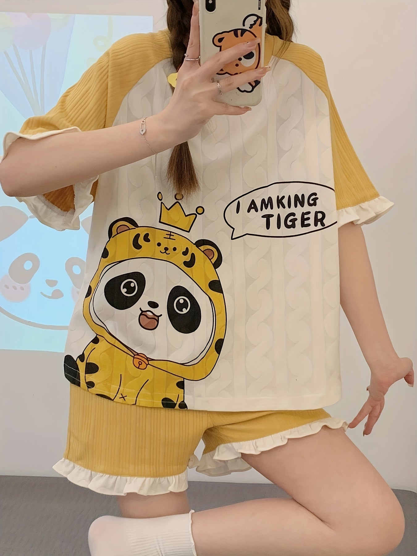Cartoon Animal Print Pajama Set Short Sleeve Crew Neck Top & Ruffle Shorts