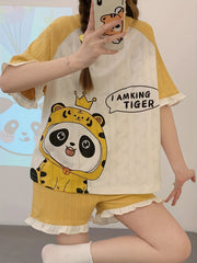 Cartoon Animal Print Pajama Set Short Sleeve Crew Neck Top & Ruffle Shorts