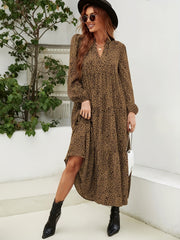 Leopard Print Tiered Dress V Neck Long Sleeve Maxi Dress Women's Clothing