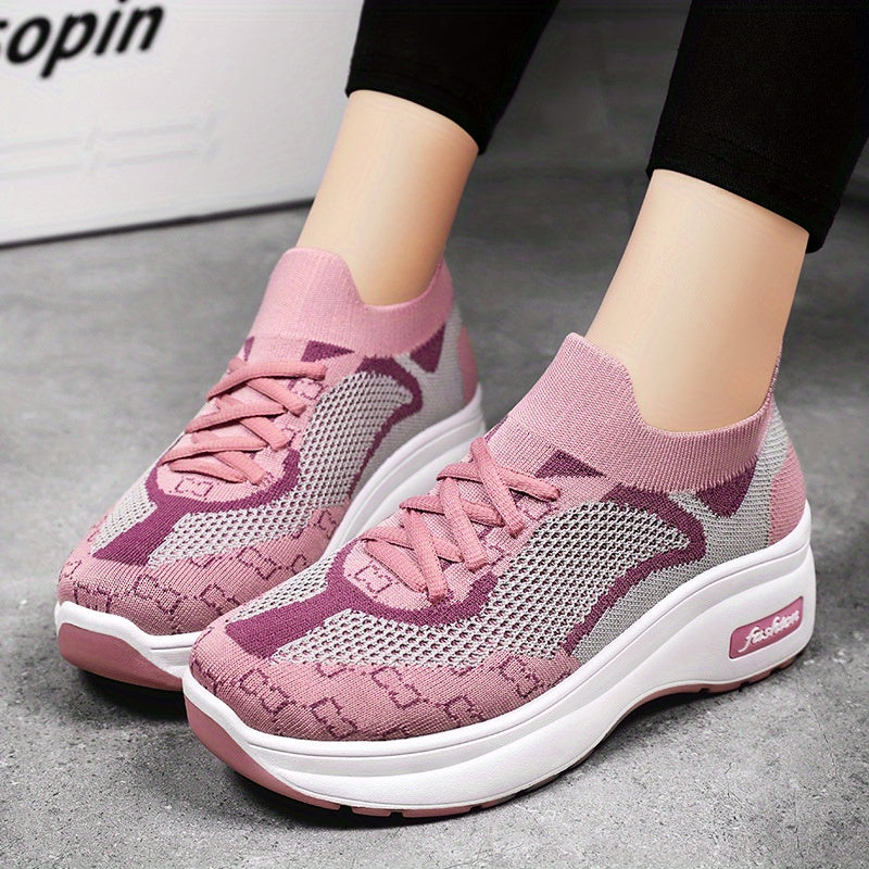 Colorblock Sock Sneakers Lace Up Low Round Toe Thick Bottom Shoes