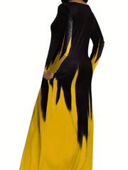 Ombre Print Long Sleeve V Neck Maxi Dress