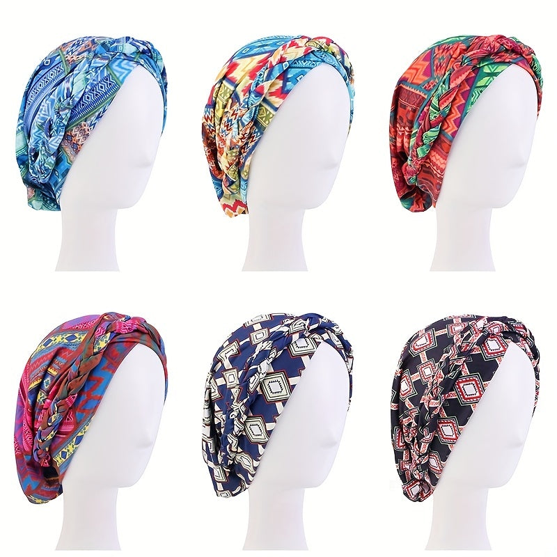 Boho Print Braid Turban Cap Women Stretch Hijab Headwrap