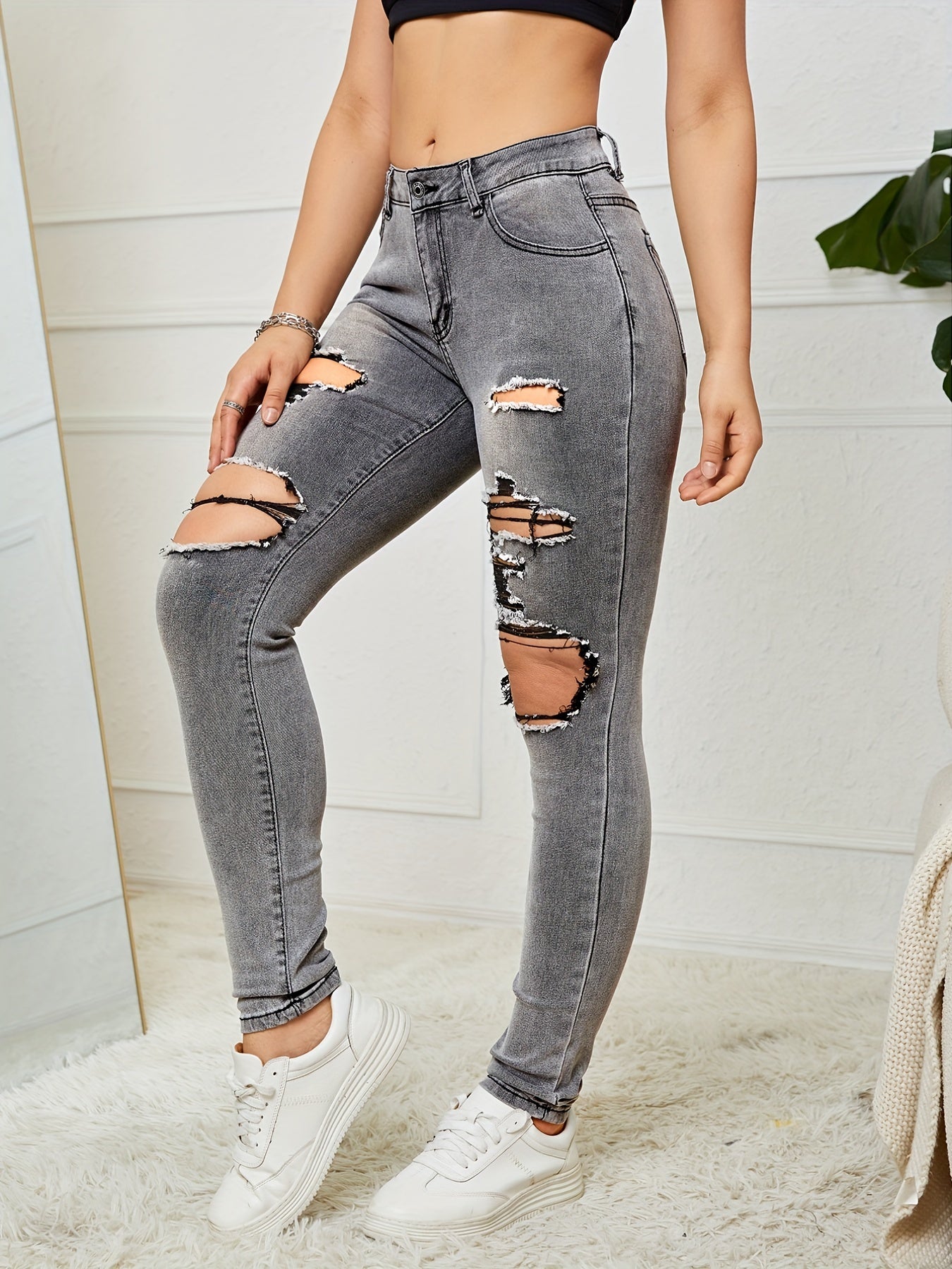 High Waist Distressed Jeans High Strech Solid Street Style Denim Pants